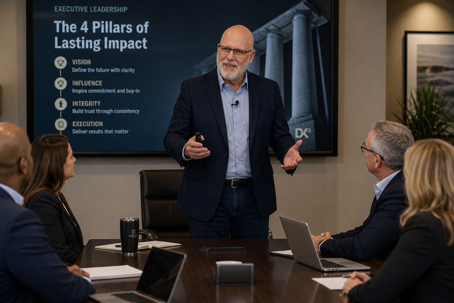 Dennis W. Forbus leading a small group of people in a conference room, talking about the 4 pillars of lasting impact.