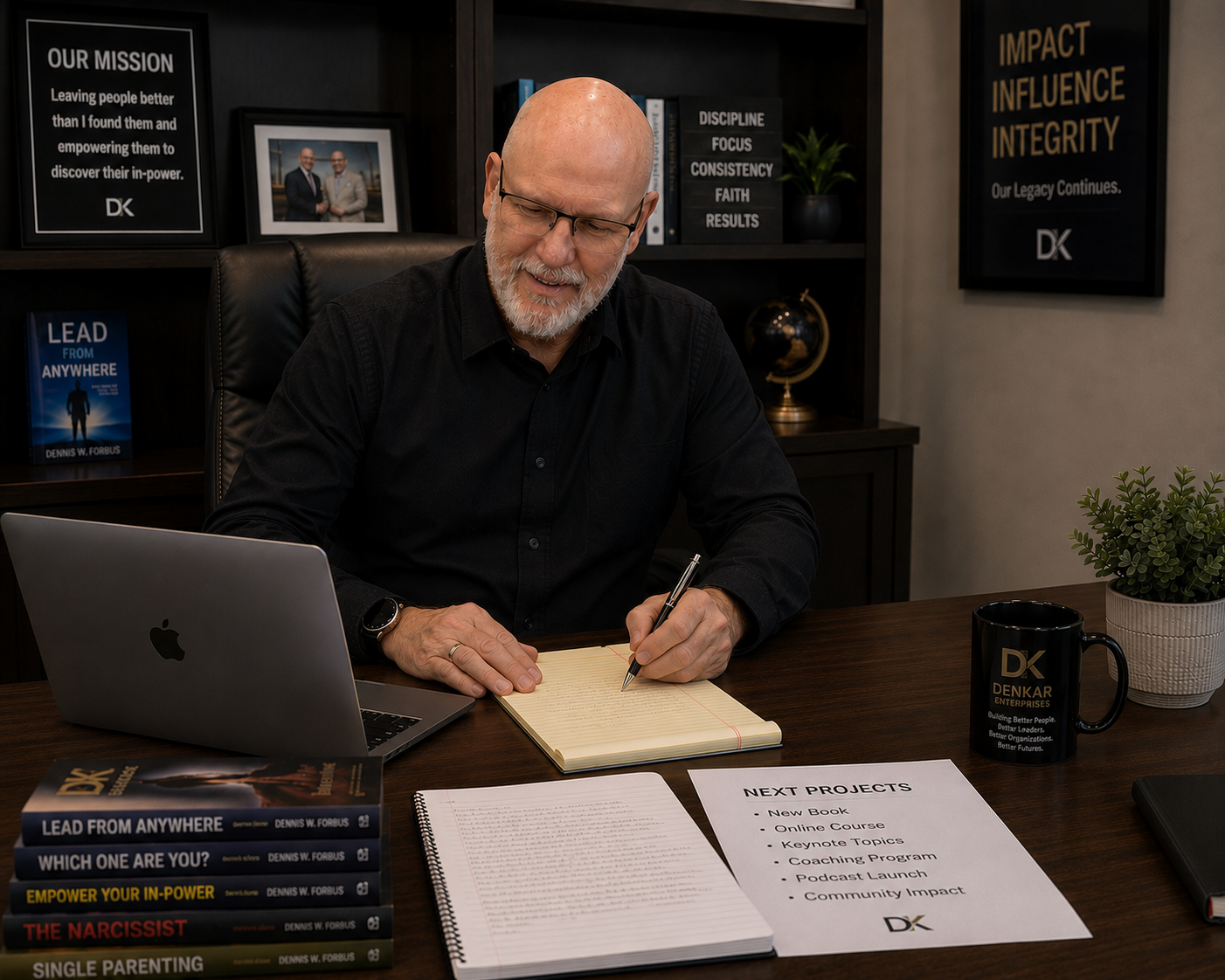 Dennis W. Forbus writing on a notepad, and working at his desk.
