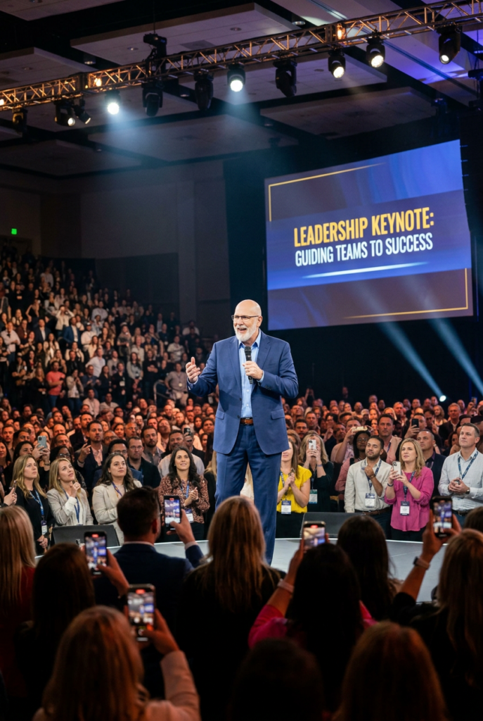 Dennis W. Forbus speaking on stage to a crowd about Leadership Keynote: Guiding Teams To Success